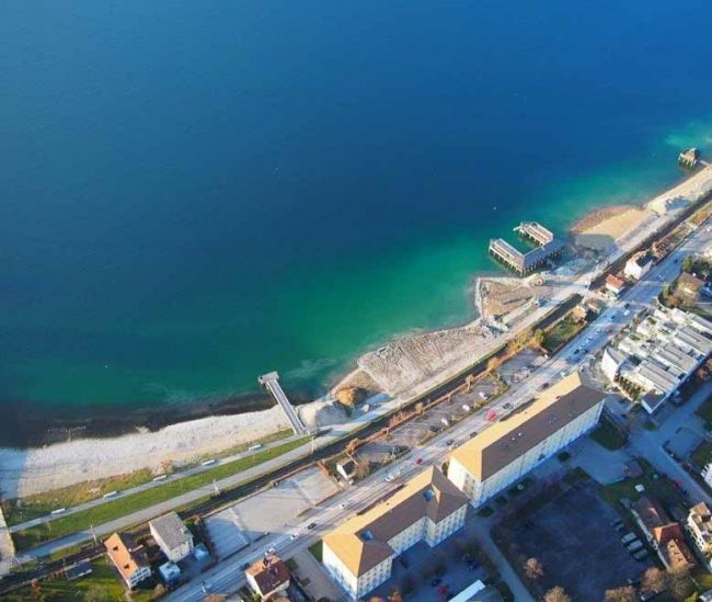 Ufergestaltung Pipeline Bregenz: Luftbild Bauarbeiten